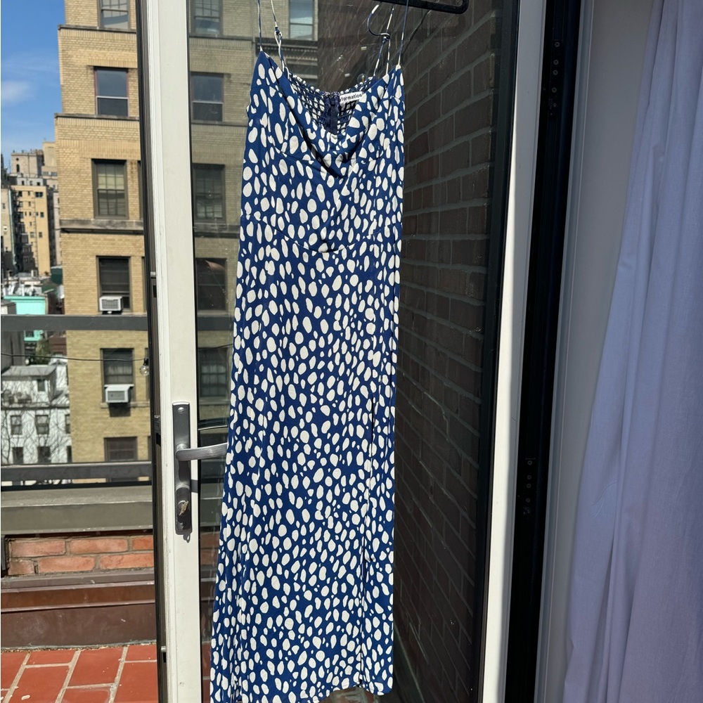 Reformation Juliette Midi Dress Blue and White Dots